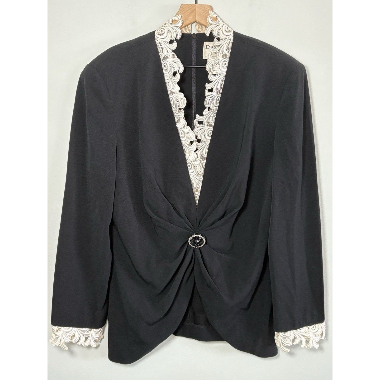 Daymor Couture Evening Blouse Zipper Black Broche Front Lace Vintage 80s 90s